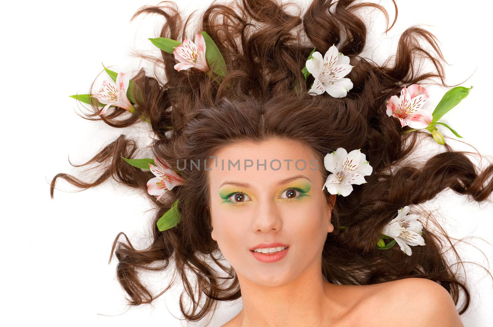 Sexy fashion portrait with flowers isolated on white background.