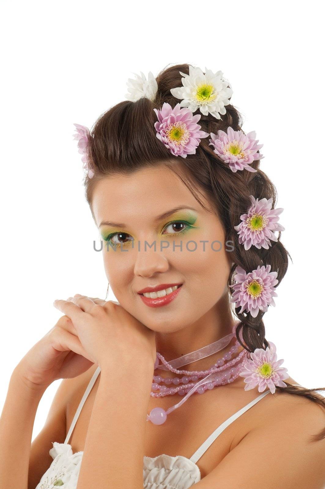 Sexy fashion portrait with flowers isolated on white background.