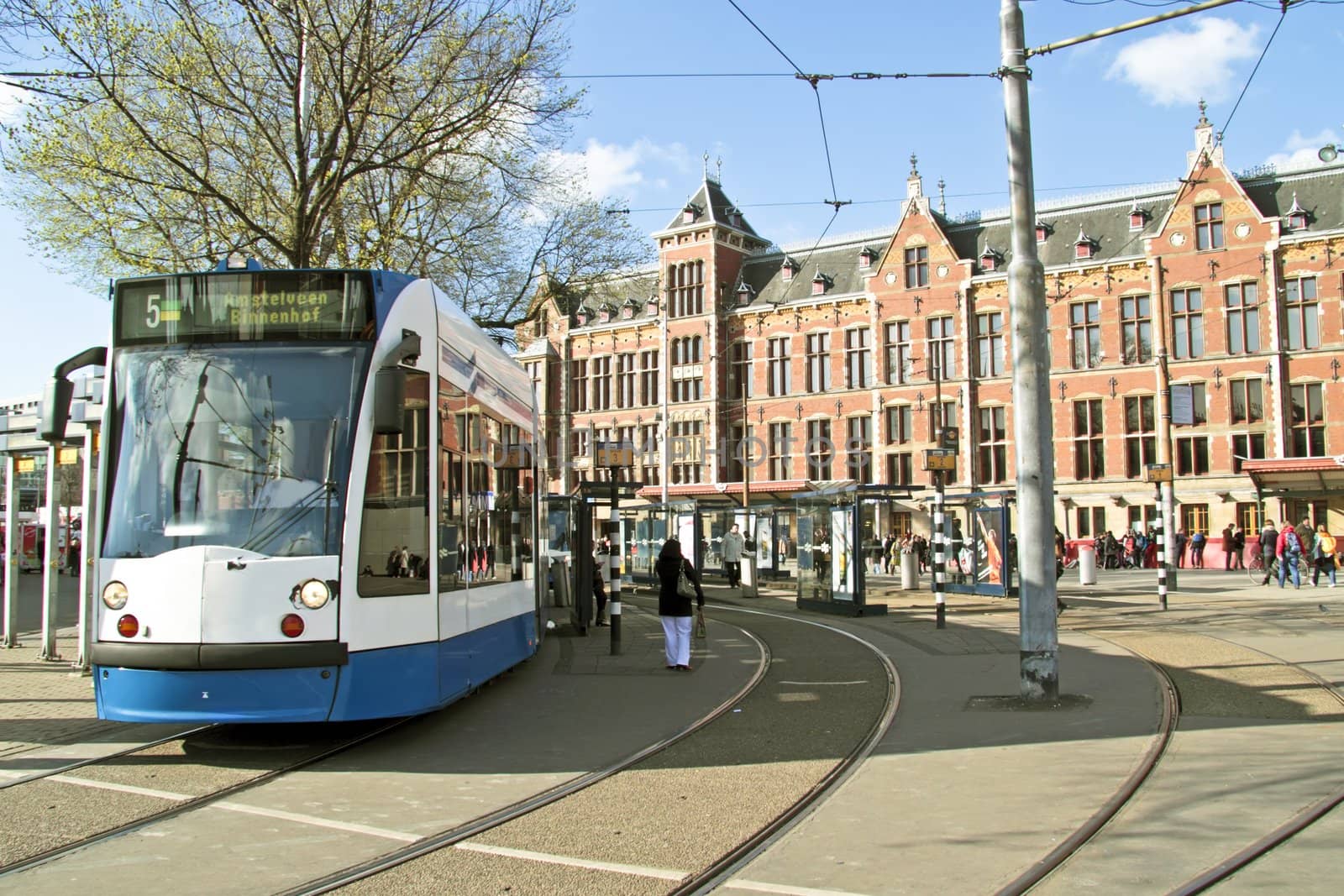 Tram waiting at Central Station in Amsterdam the Netherlands