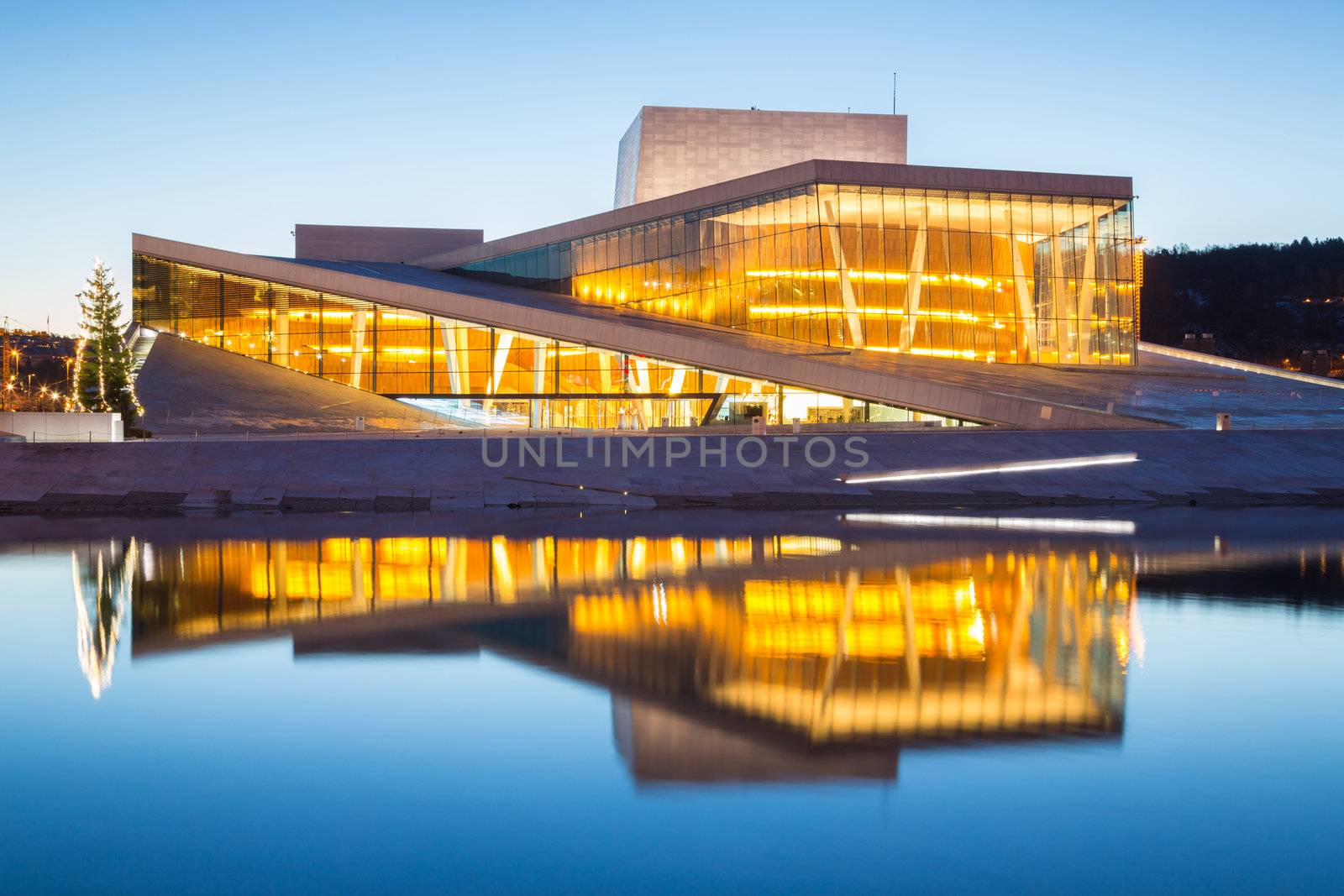 Oslo Opera House shine at dusk, morning twilight,  Norway