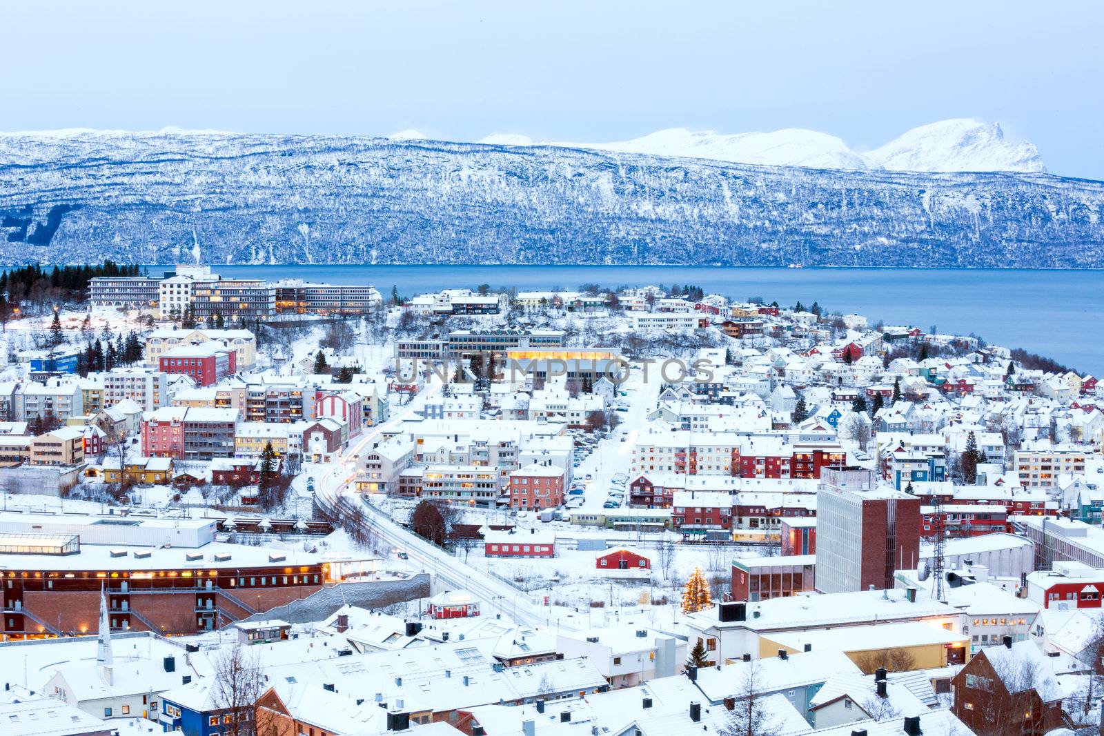 Aerial view of Narvik Cityscape at dusk Norway