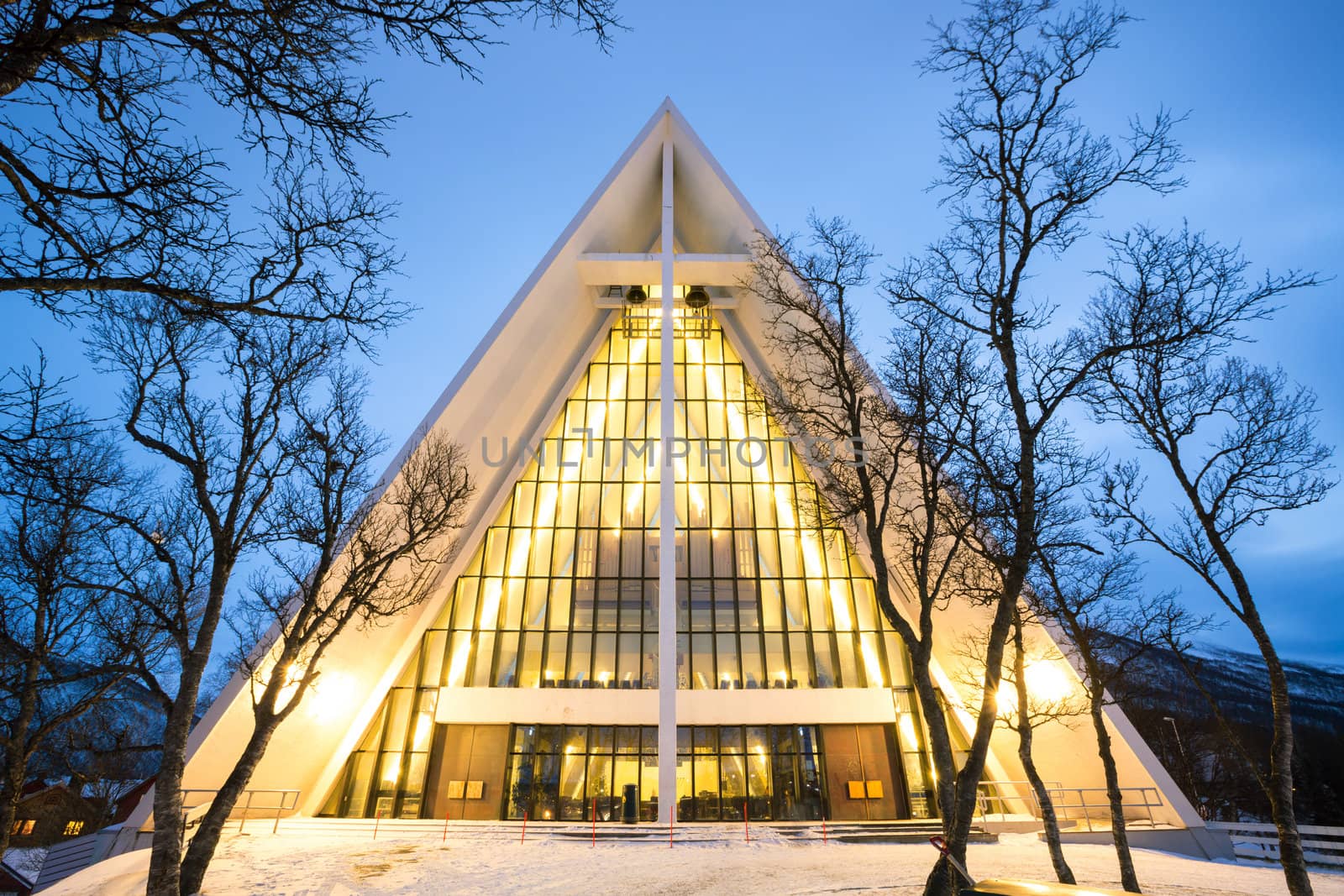 Arctic Cathedral Church in Tromso Norway at dusk twilight