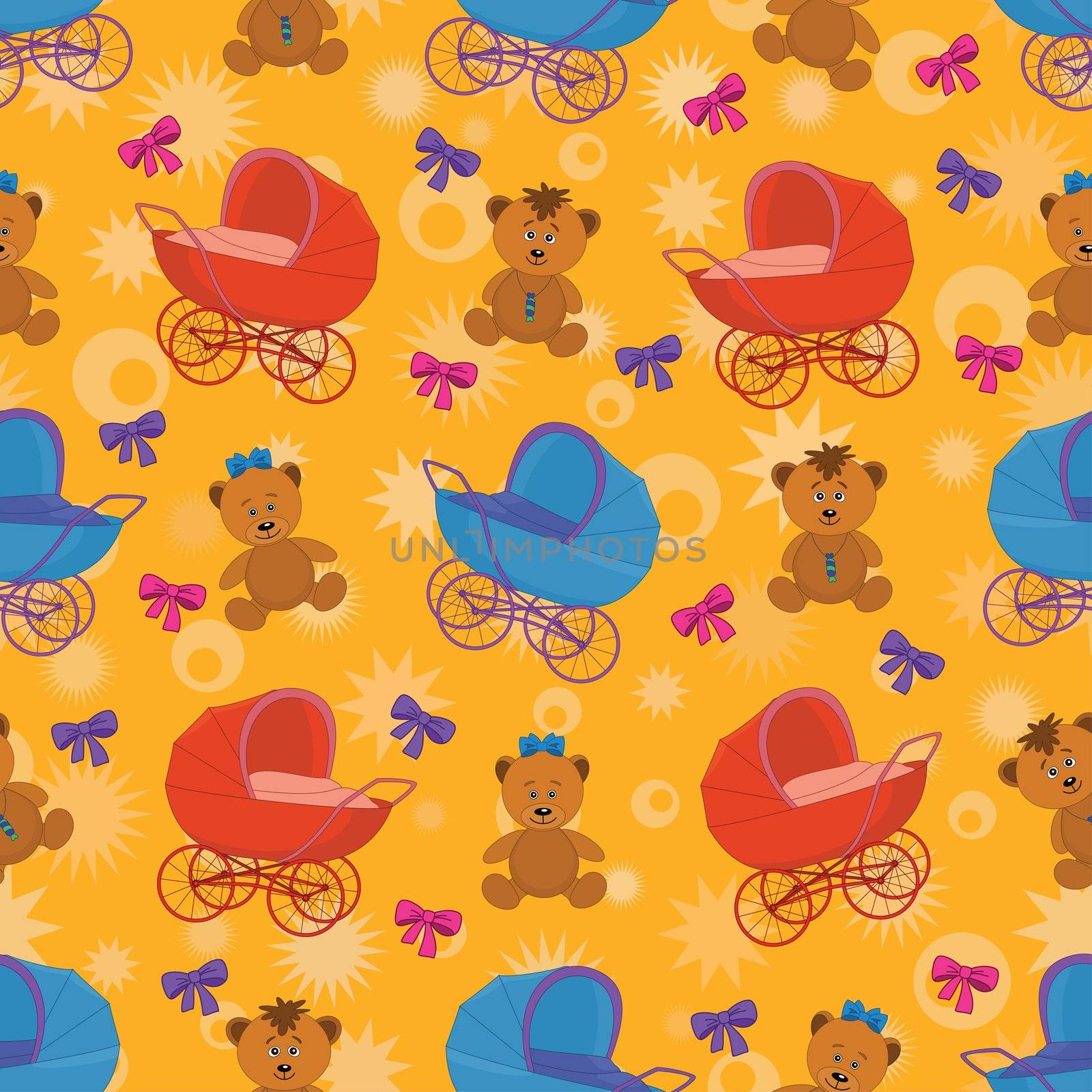 Seamless cartoon background: teddy bears, prams and bows.