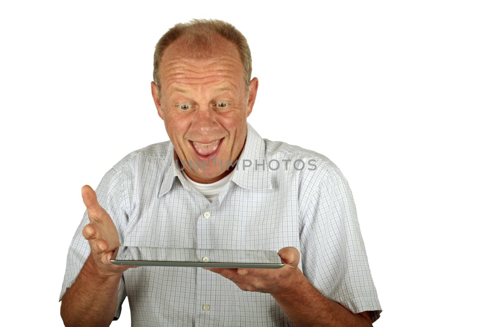 Happy man with his tablet computer on a white background