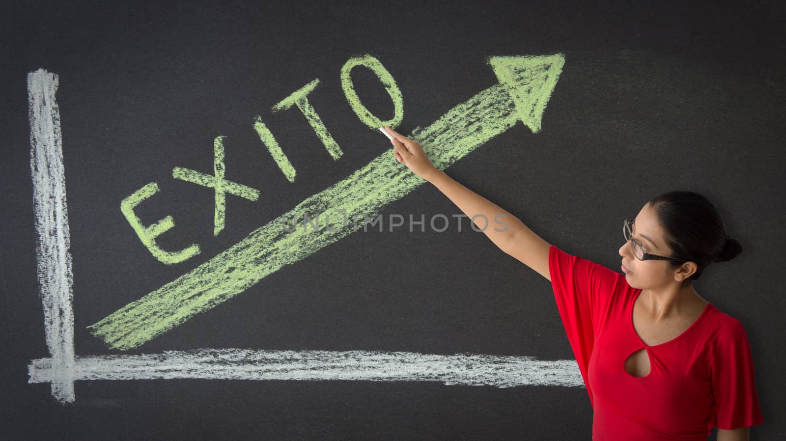 Woman pointing at an Success Business Graph illustration.