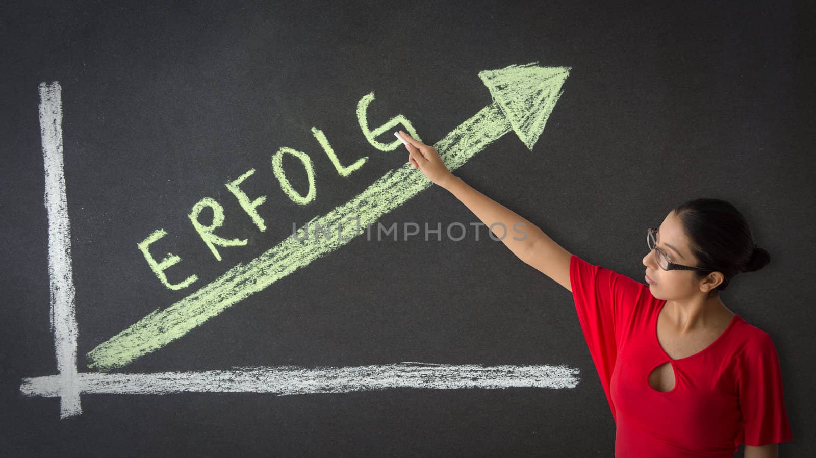 Woman pointing at an Success Business Graph illustration.