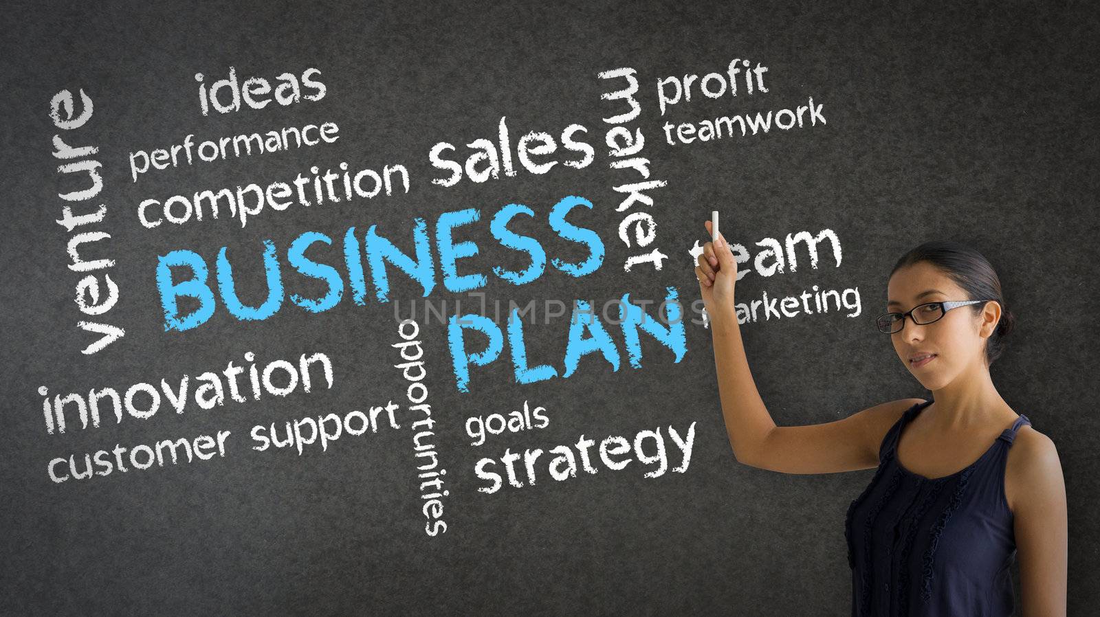 Woman pointing at an Business Plan word illustration.