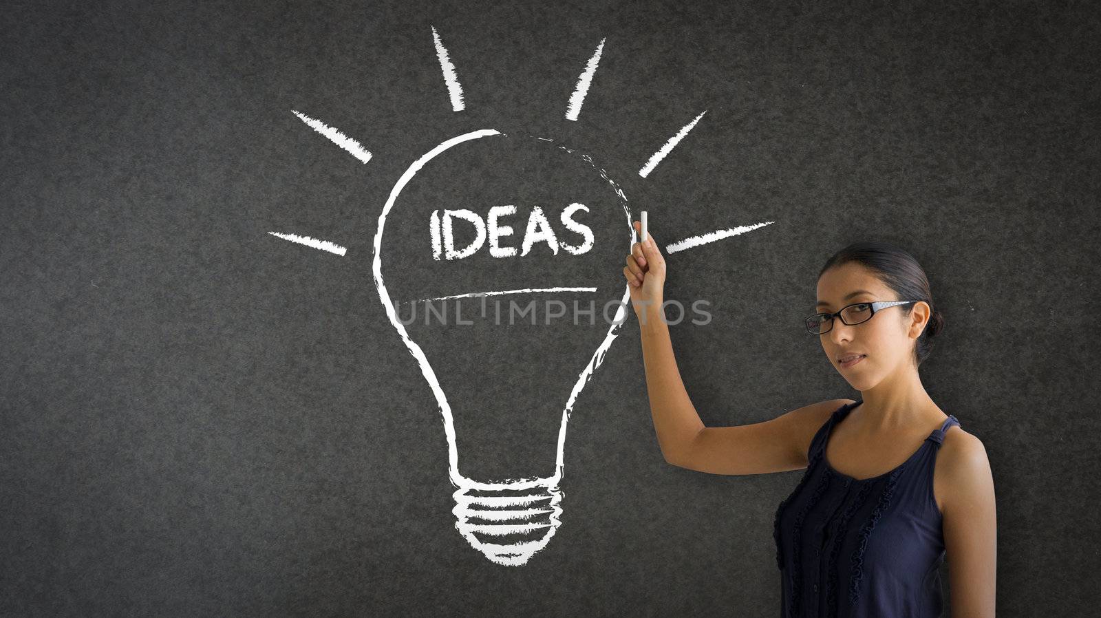 Woman pointing at an ideas lightbulb illustration.