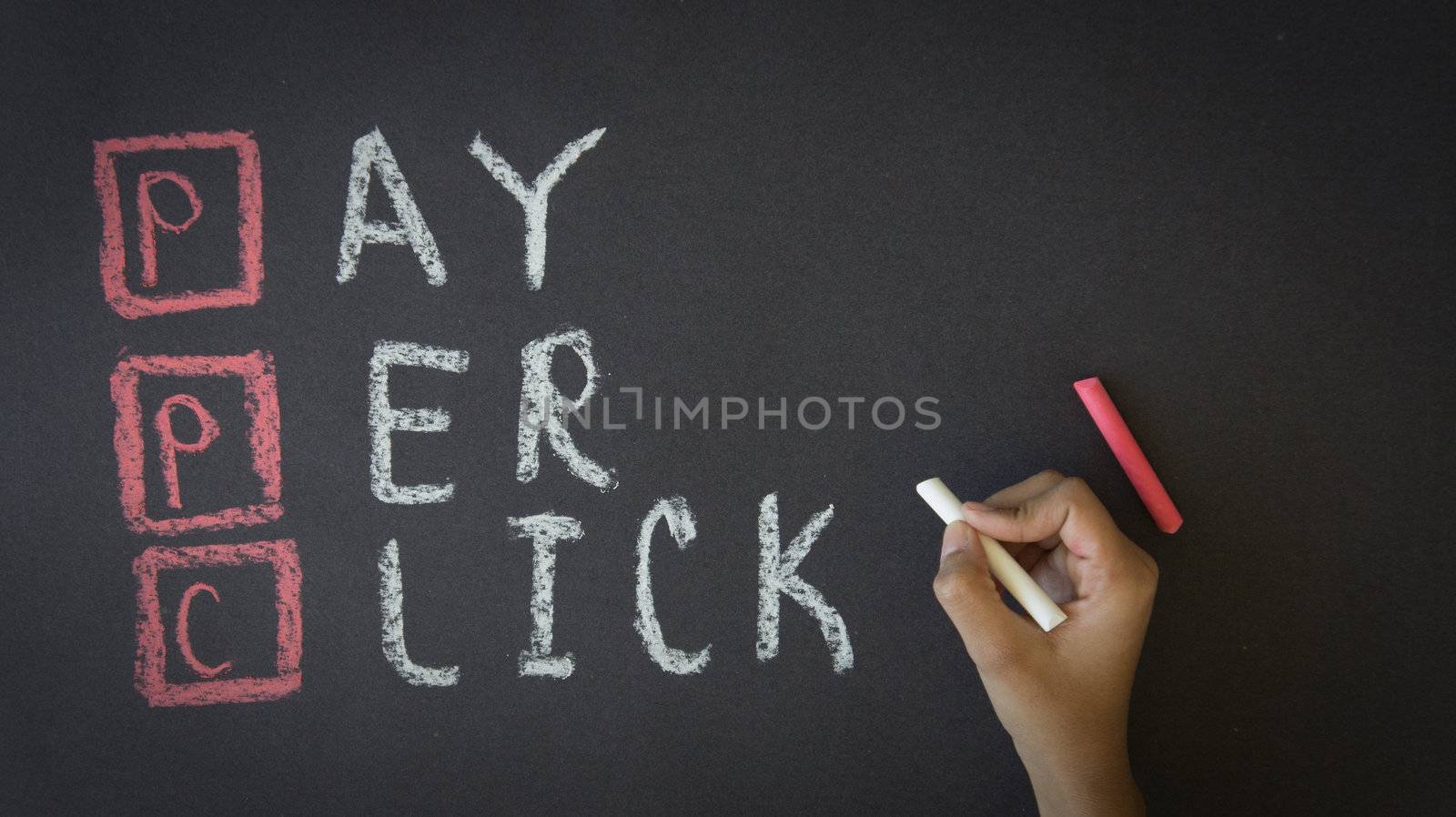 Person writing Pay Per Click with chalk on a Blackboard