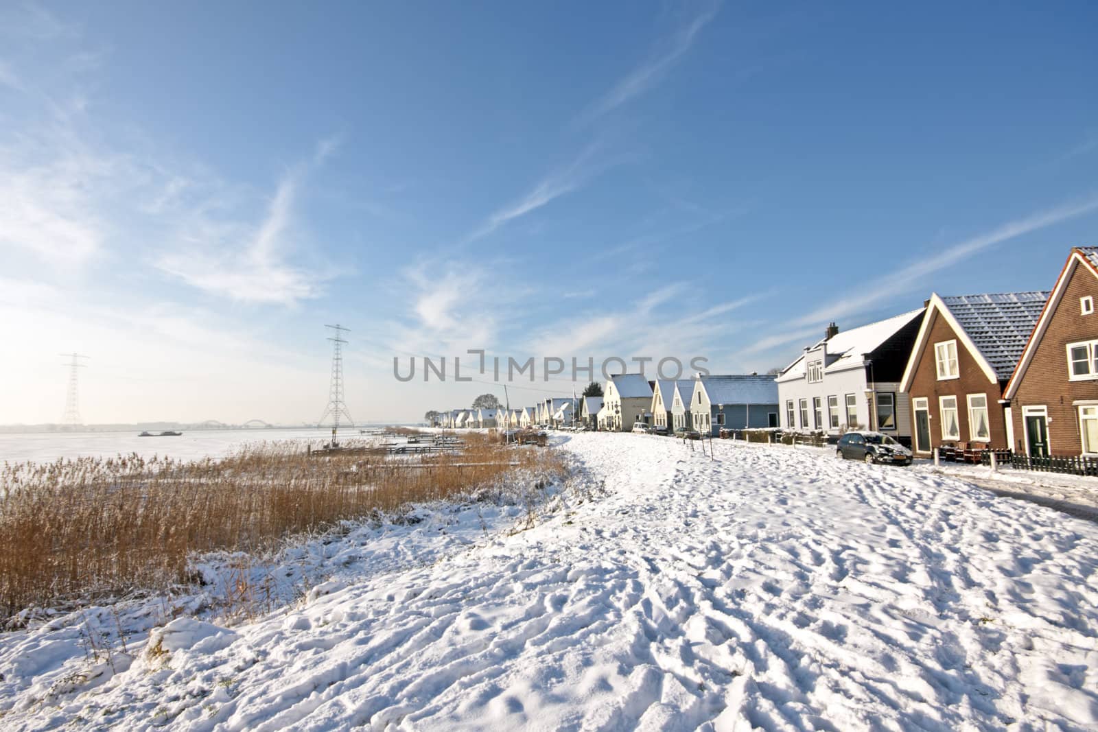 Traditional snowy dutch village Durgerdam in the Netherlands in winter