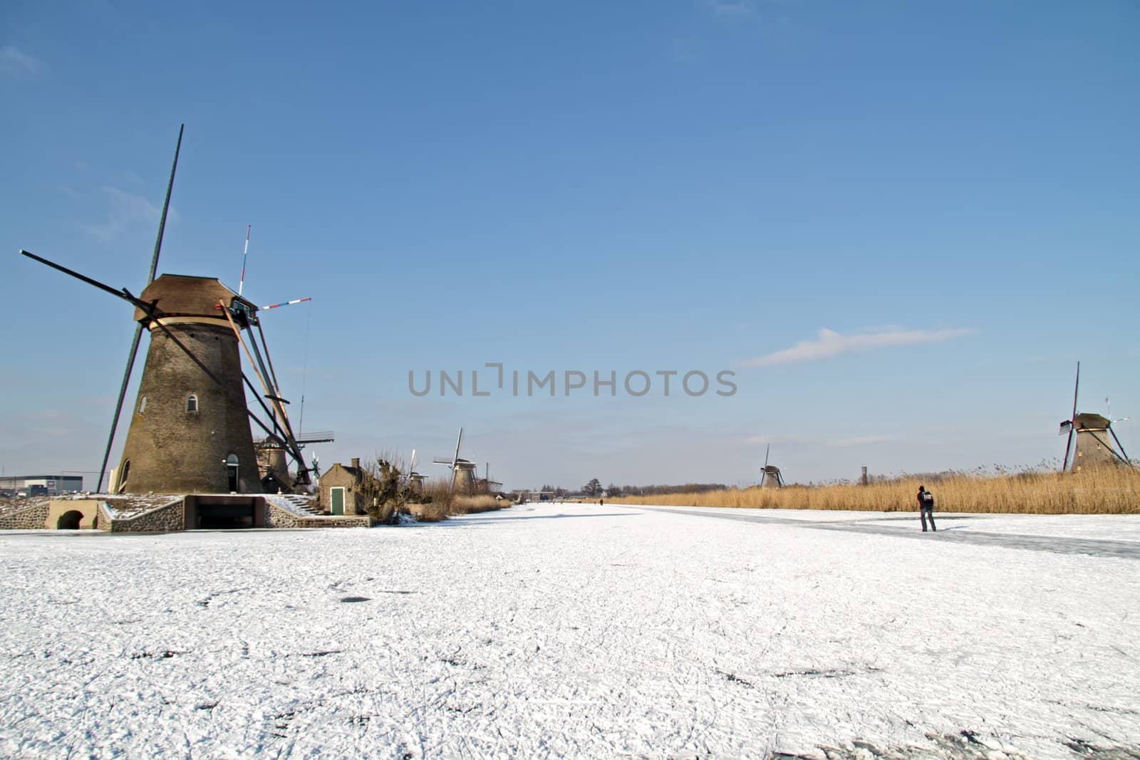 Historical windmills at Kinderdijk in winter in the Netherlands