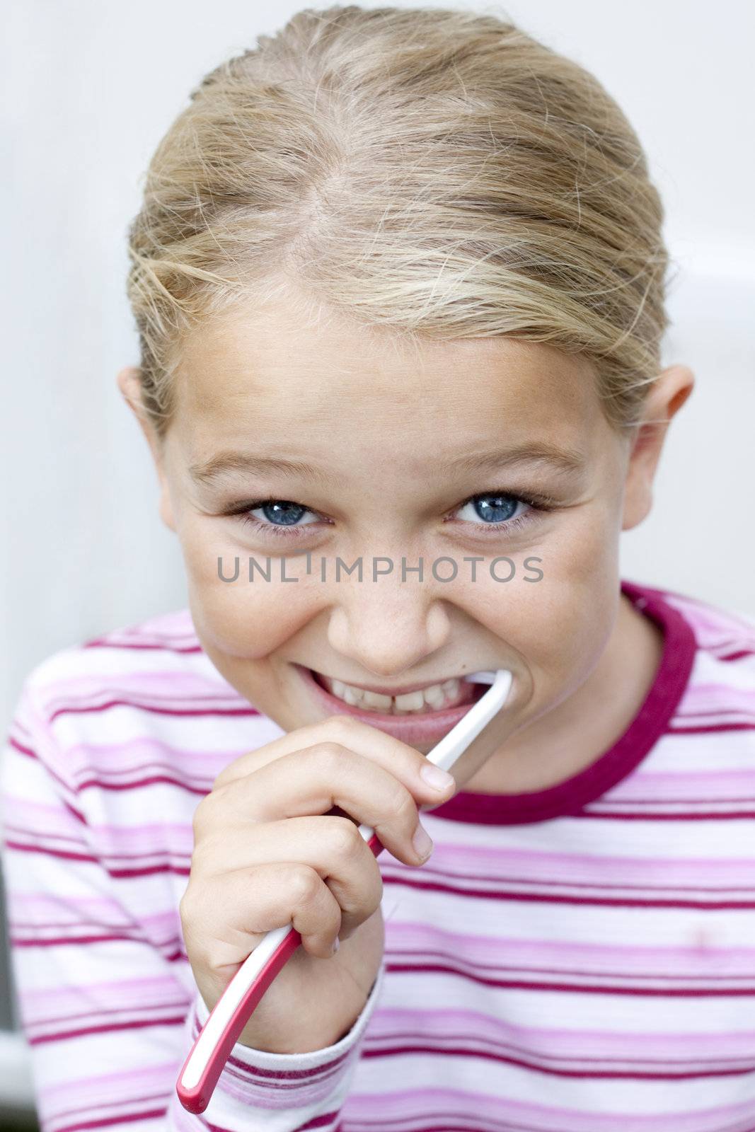 Portrait of young girl brushing teeth, isolated on white