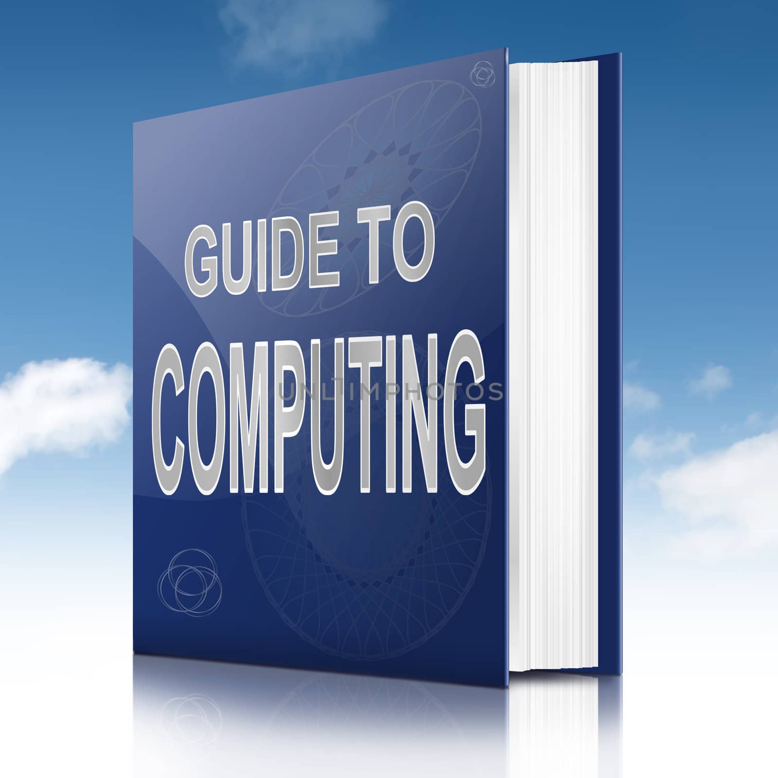 Illustration depicting a book with a computing concept title. Sky background.