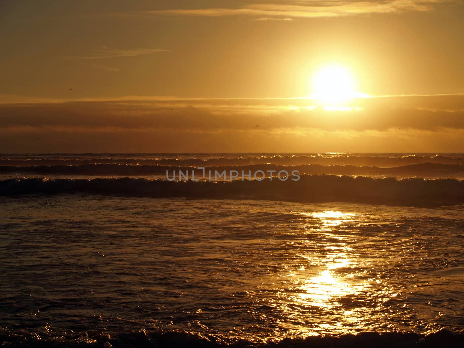 Golden Sunset Over the Ocean wth Waves in the Foreground