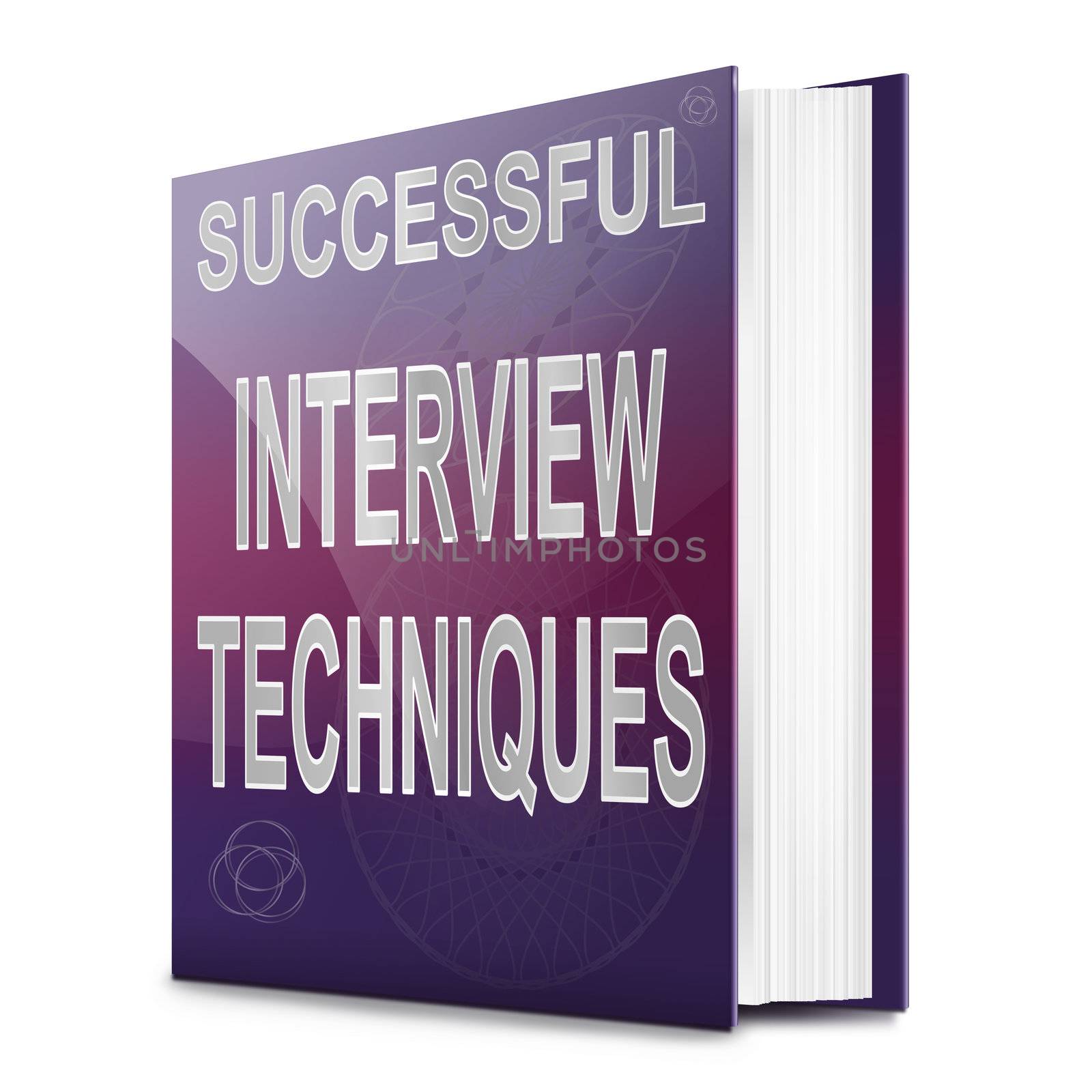 Illustration depicting a book with an interview technique concept title. White background.