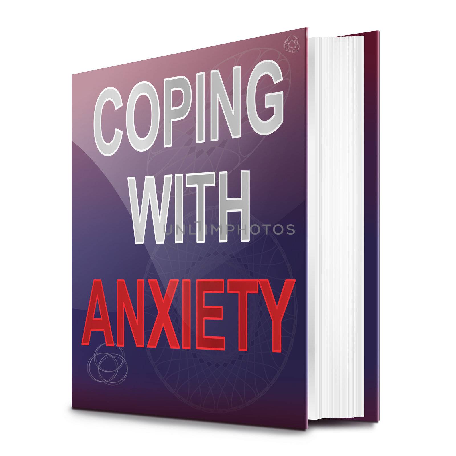 Illustration depicting a book with an anxiety concept title. White background.