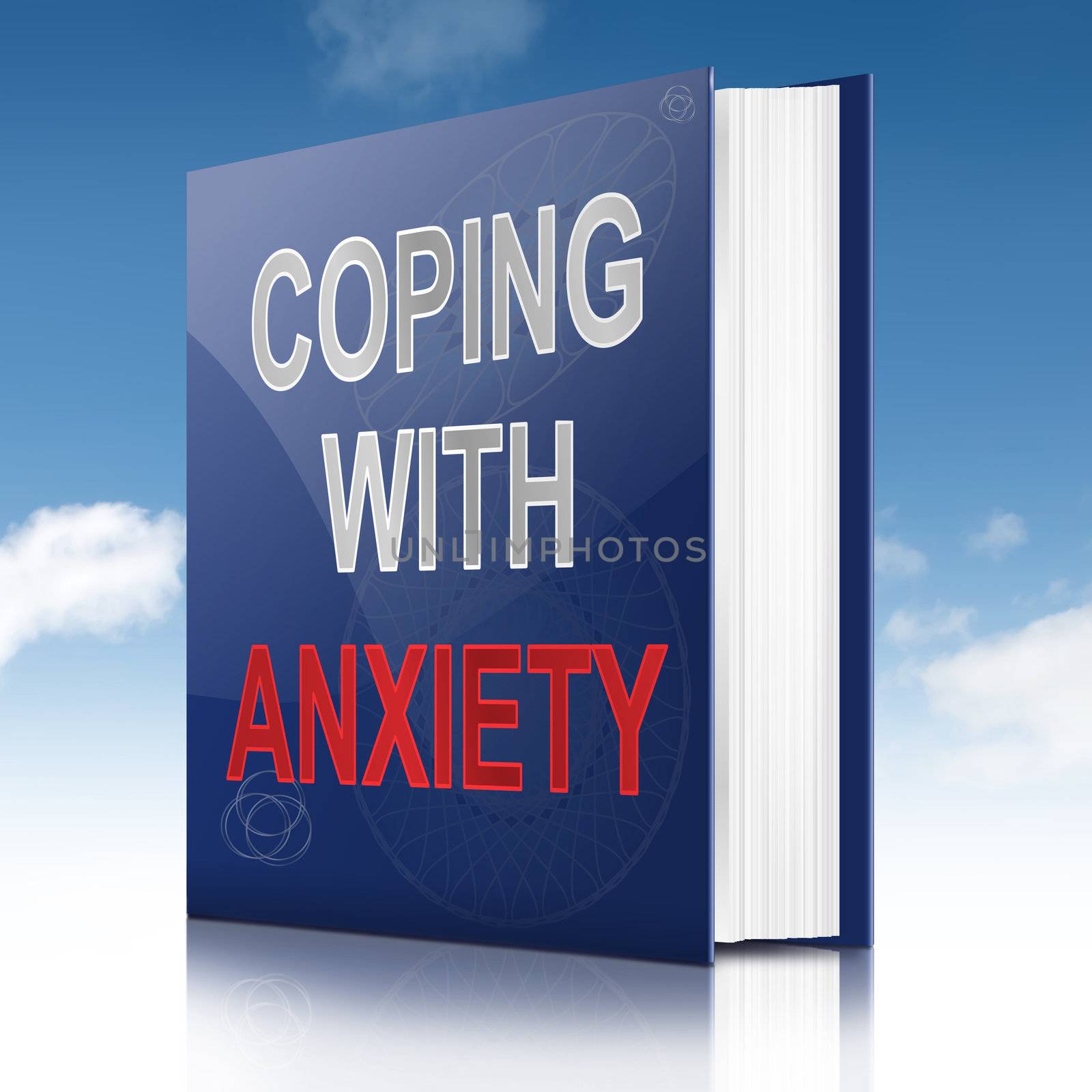 Illustration depicting a book with an anxiety concept title. Sky background.