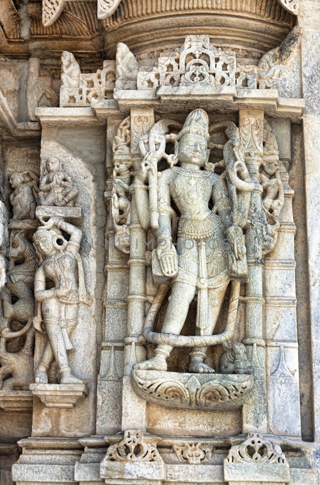  Ancient Sun Temple in Ranakpur. Jain Temple Carving.  Ranakpur, Rajasthan, Pali District, Udaipur, India. Asia.