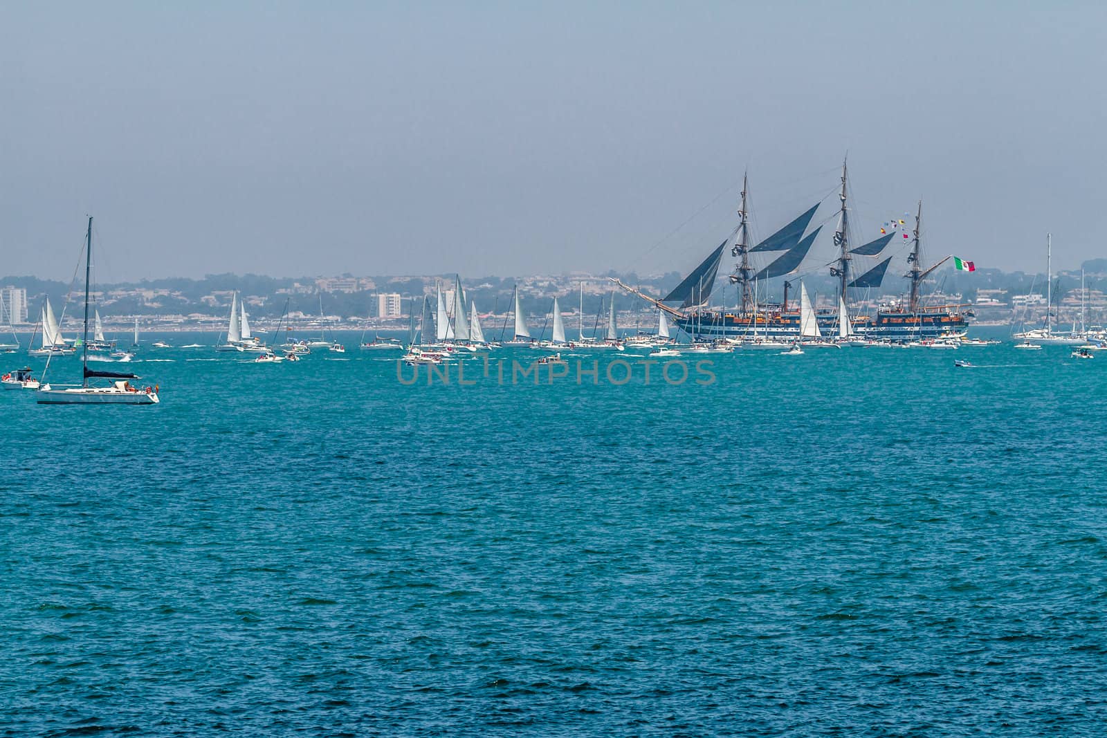 CADIZ, SPAIN - JUL 29: Italian Navy Ship, Amerigo Vespucci setting sail on the Tall ship races 2012 on July 29 , 2012, in Cadiz , Spain
