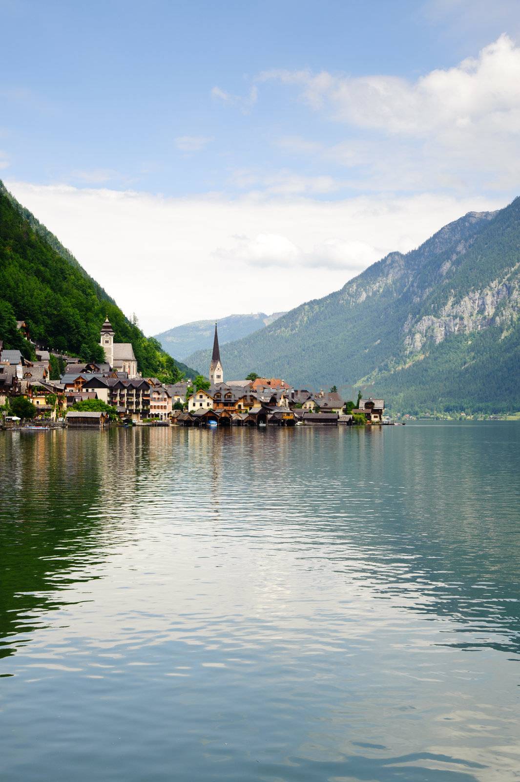 View on Hallstatt, Upper Austria, with reflections on the lake