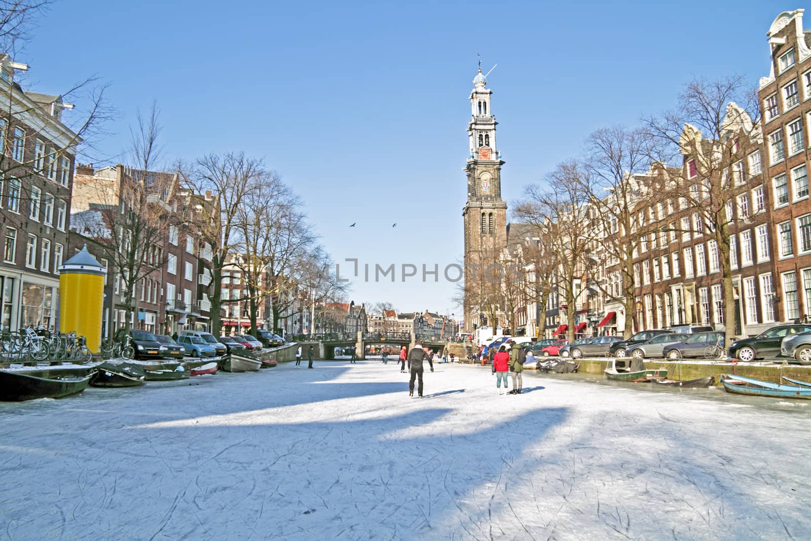 Amsterdam in winter with the Westerkerk in the Netherlands