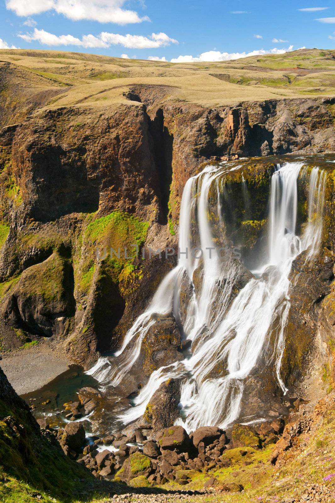 Fagrifoss ("Beautiful waterfall") is one of the most spectacular falls on Icealnd. It is located on the South not far from the volcano Laki