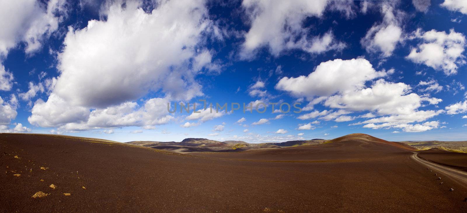 Panoramic landscape at Lakagigar, volcanic area with approx. 130 craters around the volcano Laki, southern Iceland