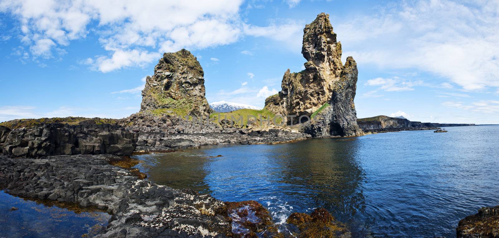 Two major basalt formations at Londrangar allow framing glacier Snaefellsjokull between the columns. Snaefellsness peninsula, Icelnad