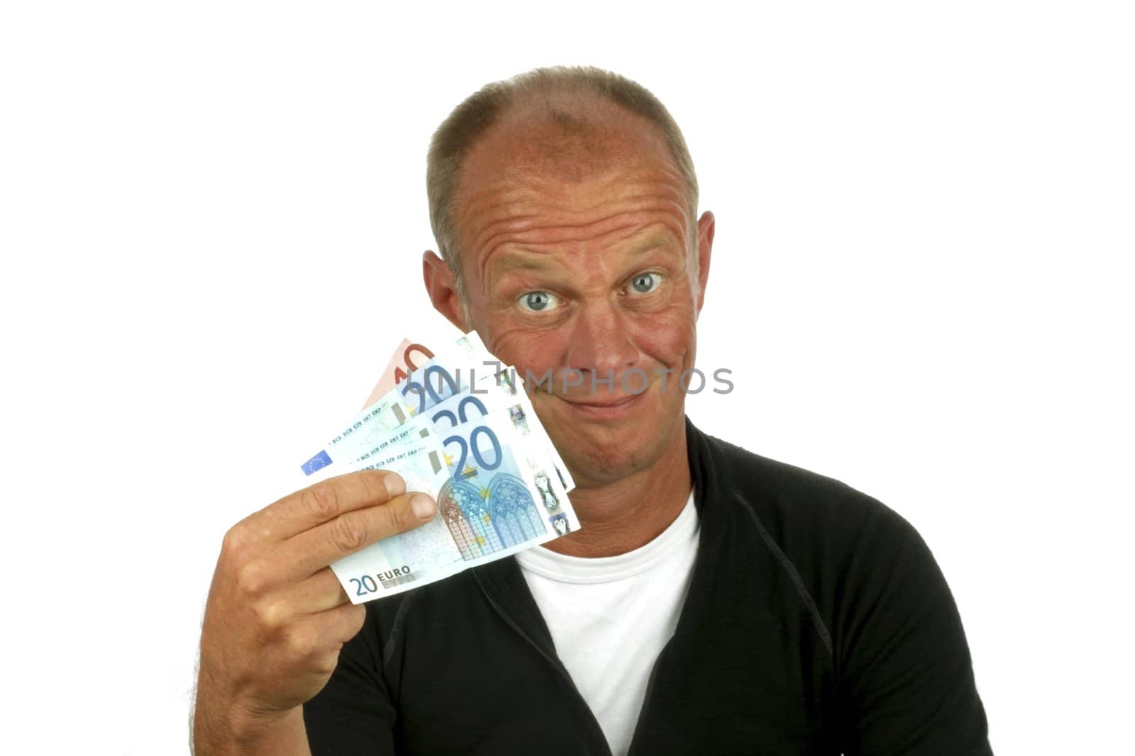 Young man with his money on a white background