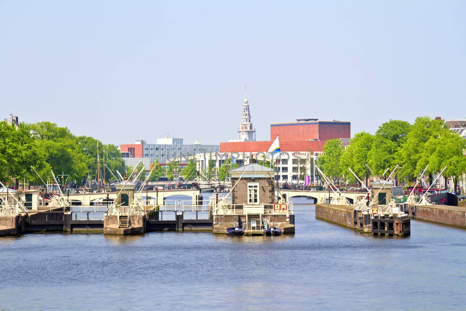 Floodgates in the river Amstel in Amsterdam the Netherlands