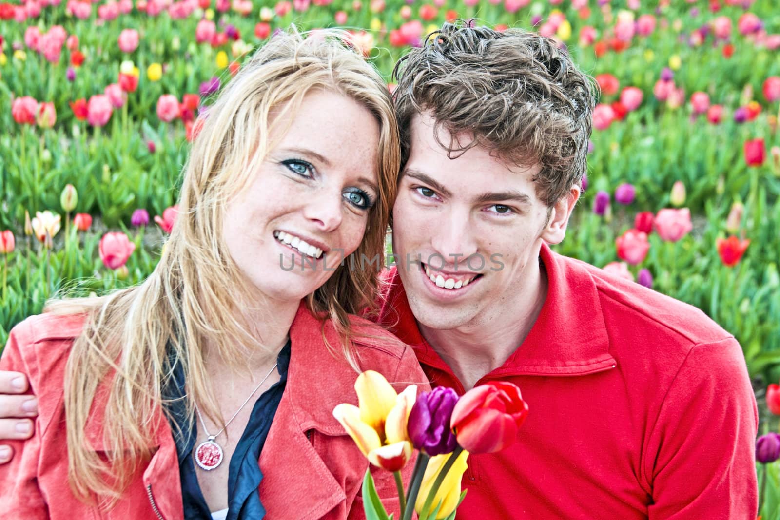 Young happy couple in the tulip fields from the Netherlands
