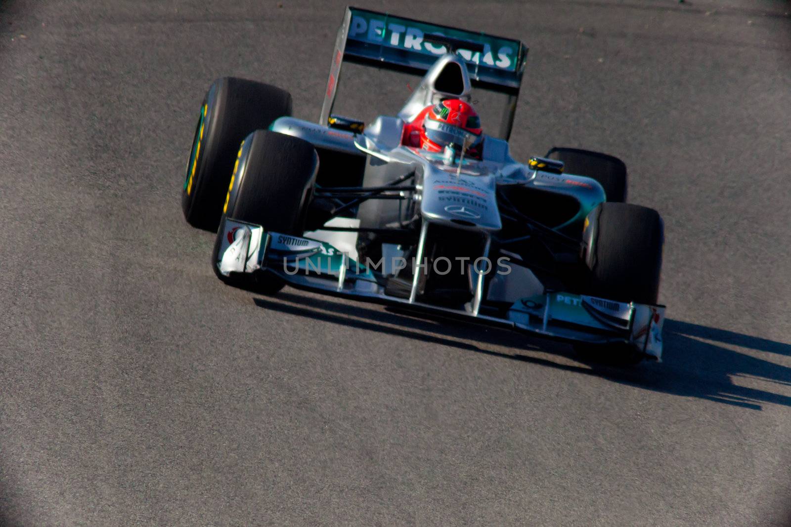 JEREZ DE LA FRONTERA, SPAIN - FEB 11: Michael Schumacher of Mercedes F1 races on training session on February 11 , 2011, in Jerez de la Frontera , Spain