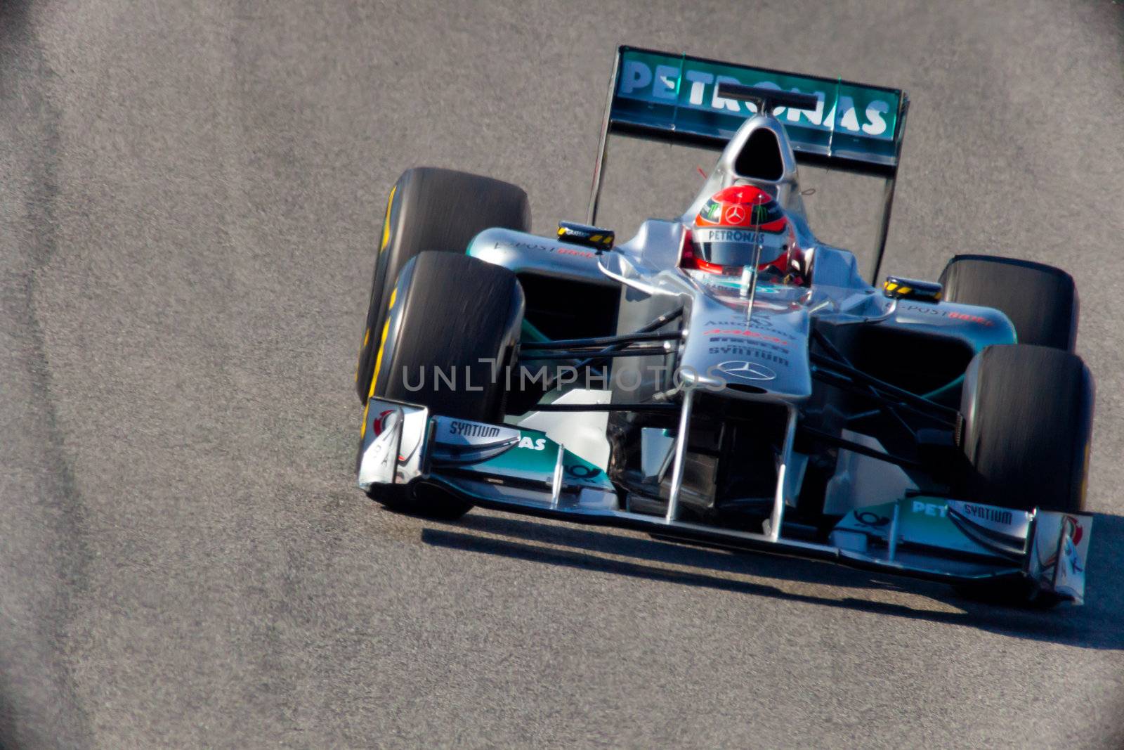 JEREZ DE LA FRONTERA, SPAIN - FEB 11: Michael Schumacher of Mercedes F1 races on training session on February 11 , 2011, in Jerez de la Frontera , Spain