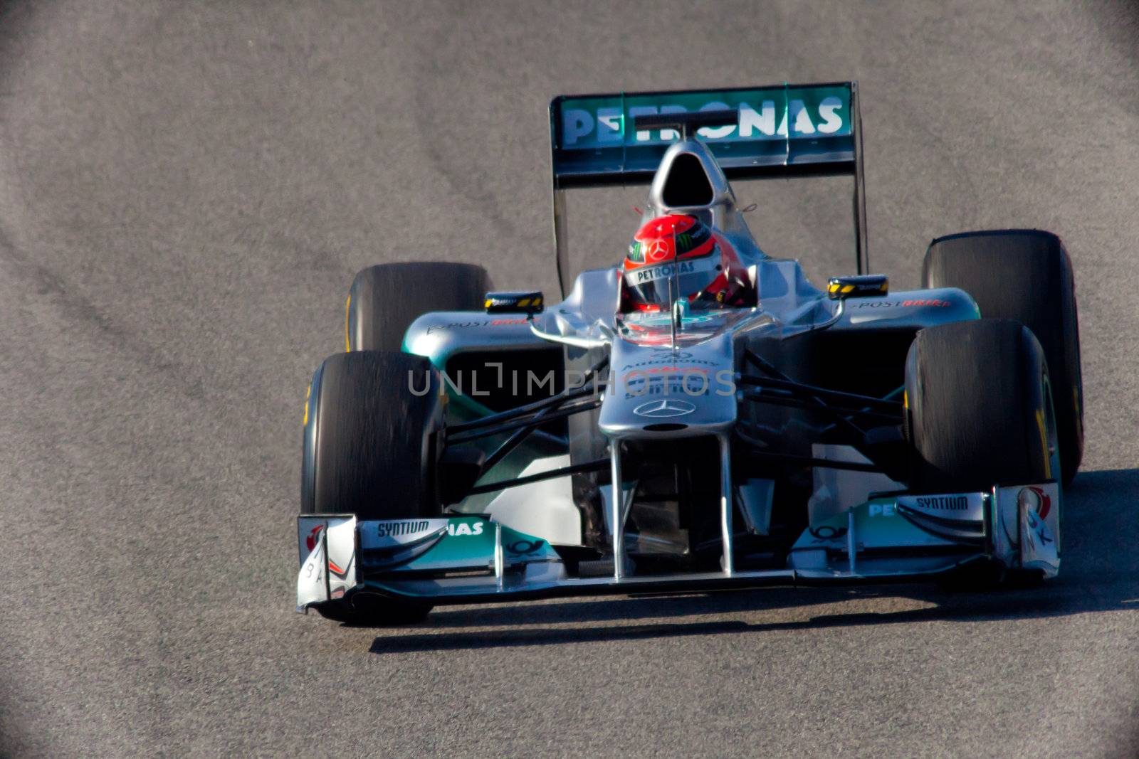 JEREZ DE LA FRONTERA, SPAIN - FEB 11: Michael Schumacher of Mercedes F1 races on training session on February 11 , 2011, in Jerez de la Frontera , Spain