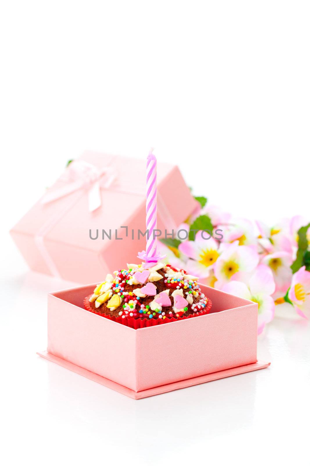 birthday / Valentine cupcake with a candle, isolated on a white background