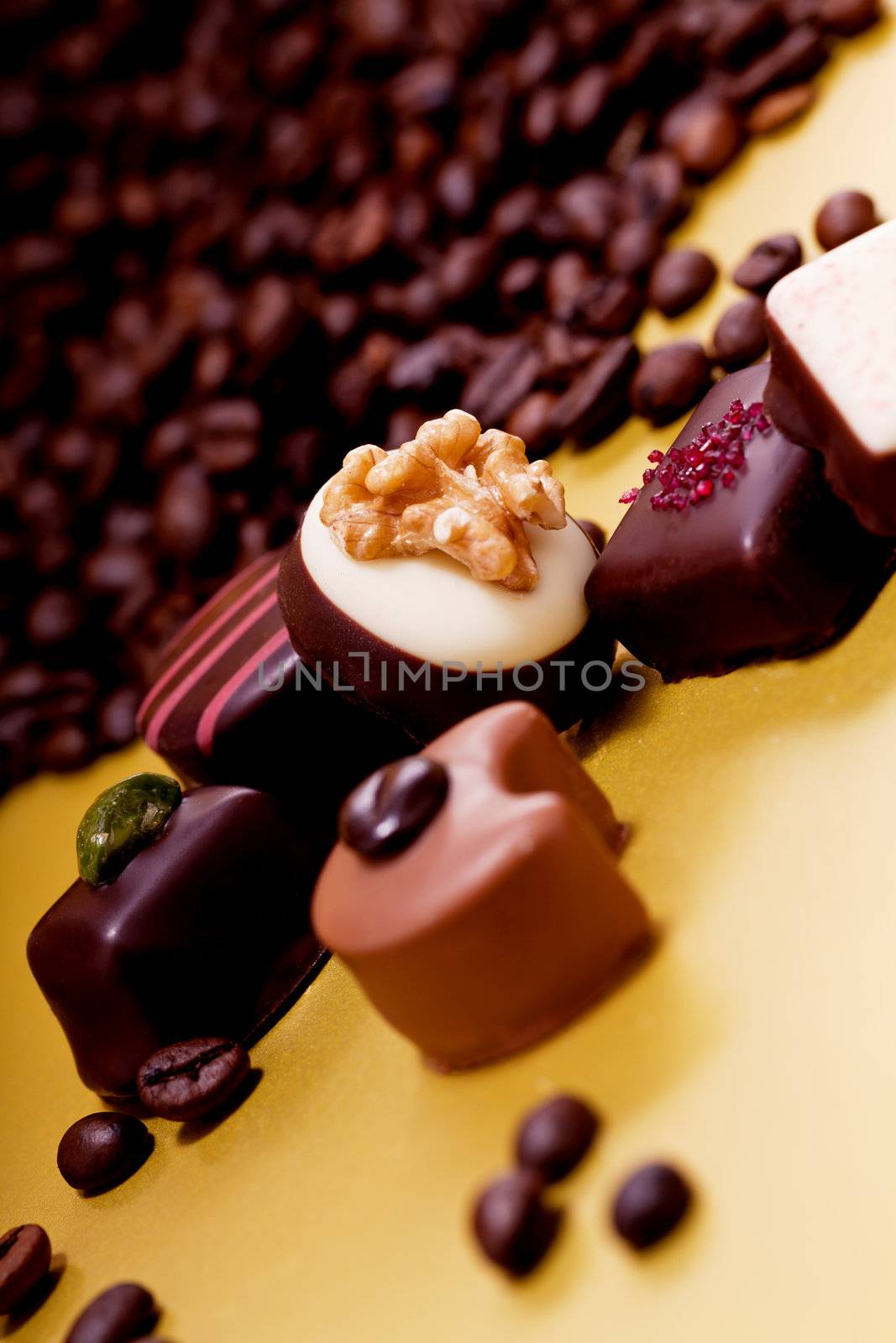 collection of different sweet chocolate pralines closeup background present sugar
