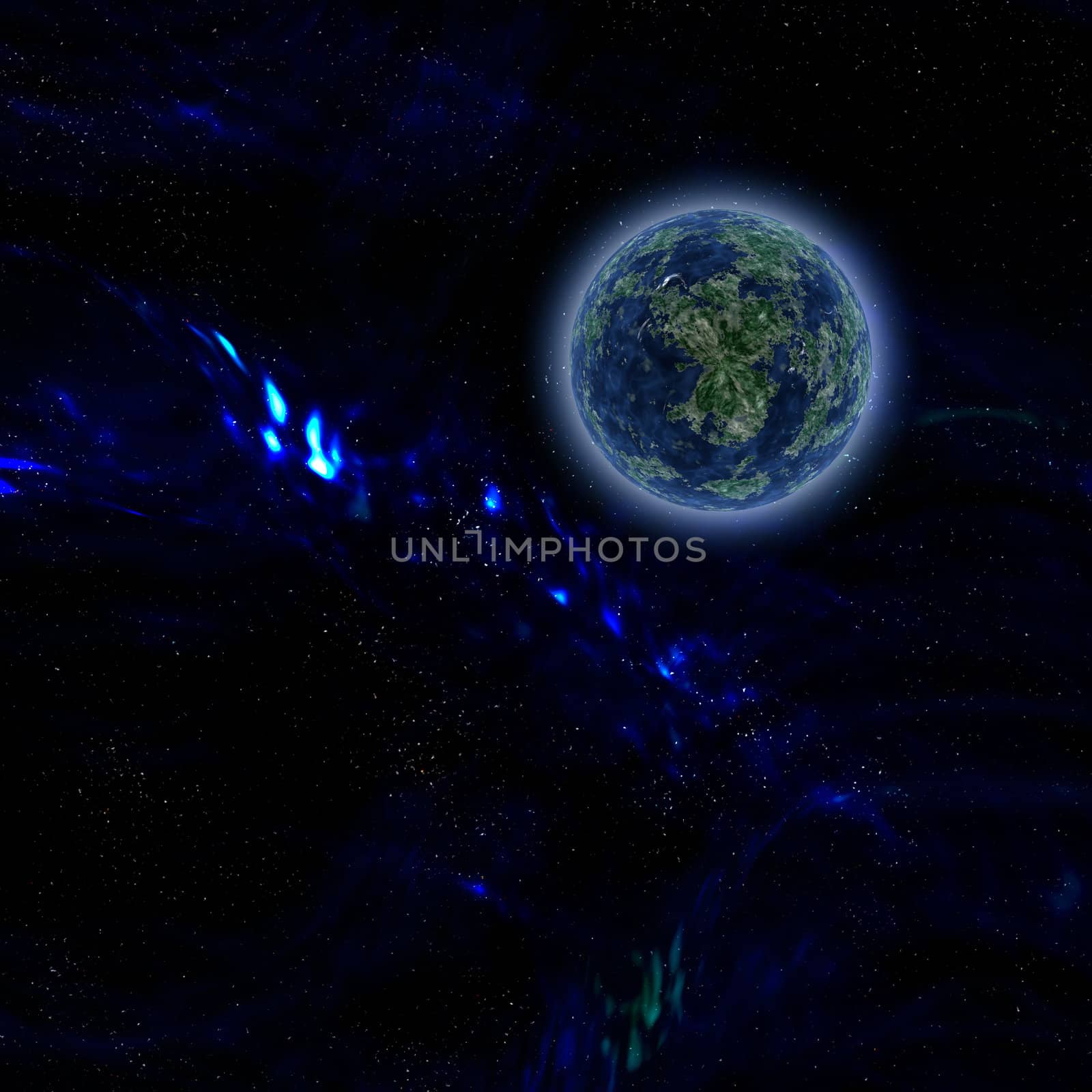 Blue planet on dark sky background