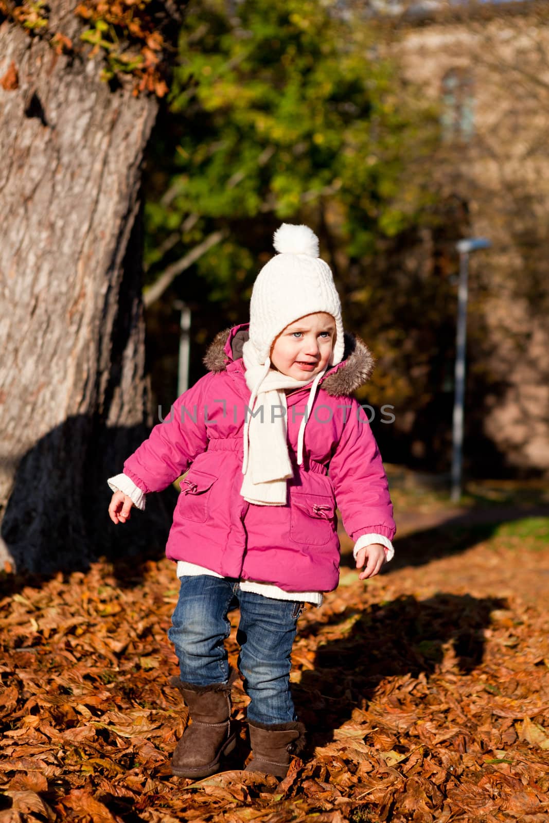 cute littloe girl playing outdoor in colorfull autumn park