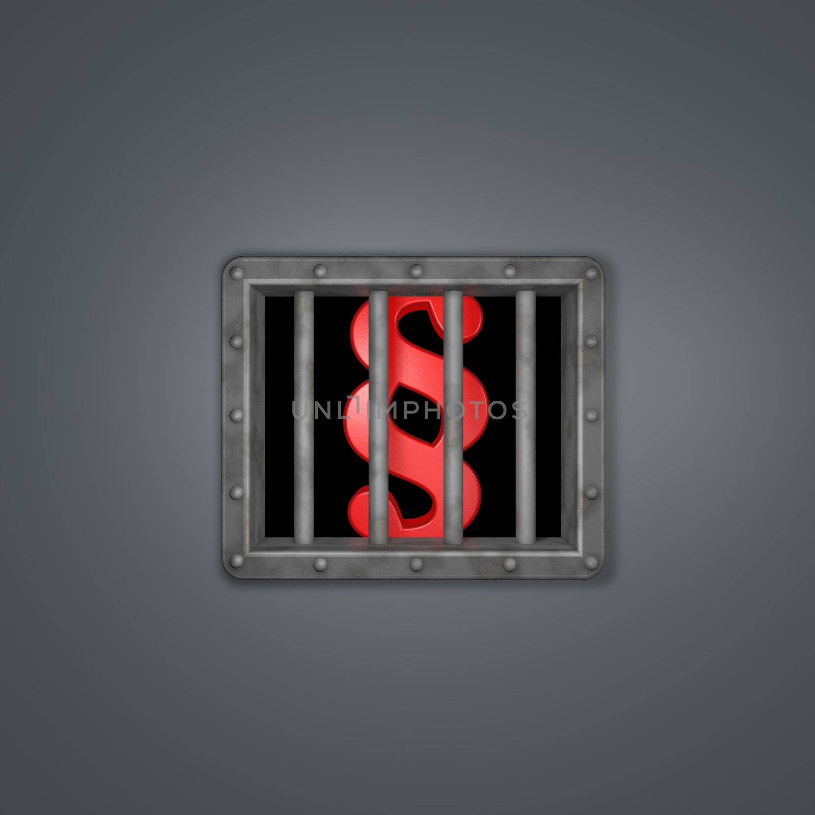 metal paragraph symbol behind prison window - 3d illustration