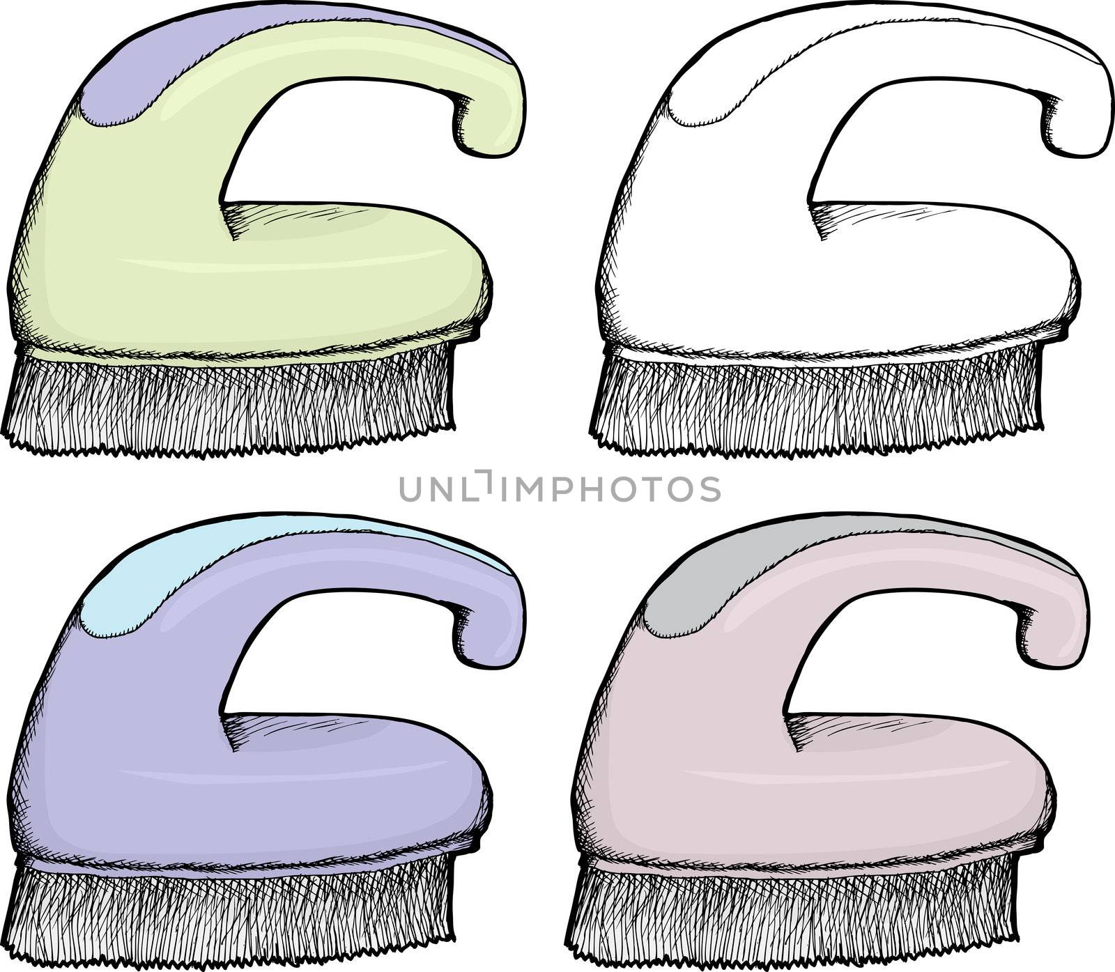 Isolated hand drawn plastic scrub brush in various colors