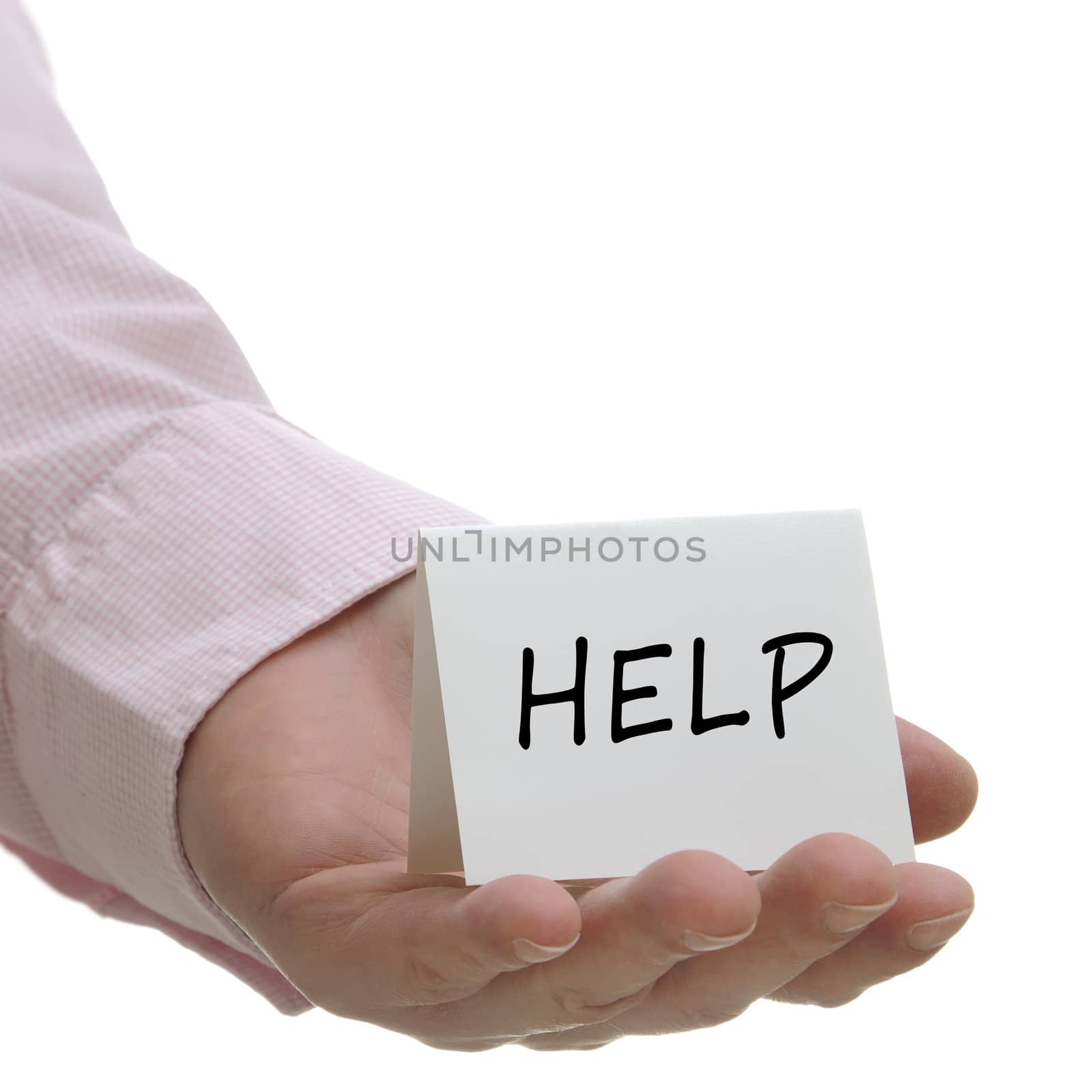 Businessman holding help sign with white copy space 