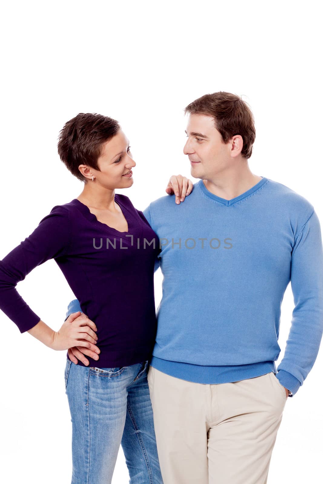 couple pair in love hugging in casual outfit isolated on white background