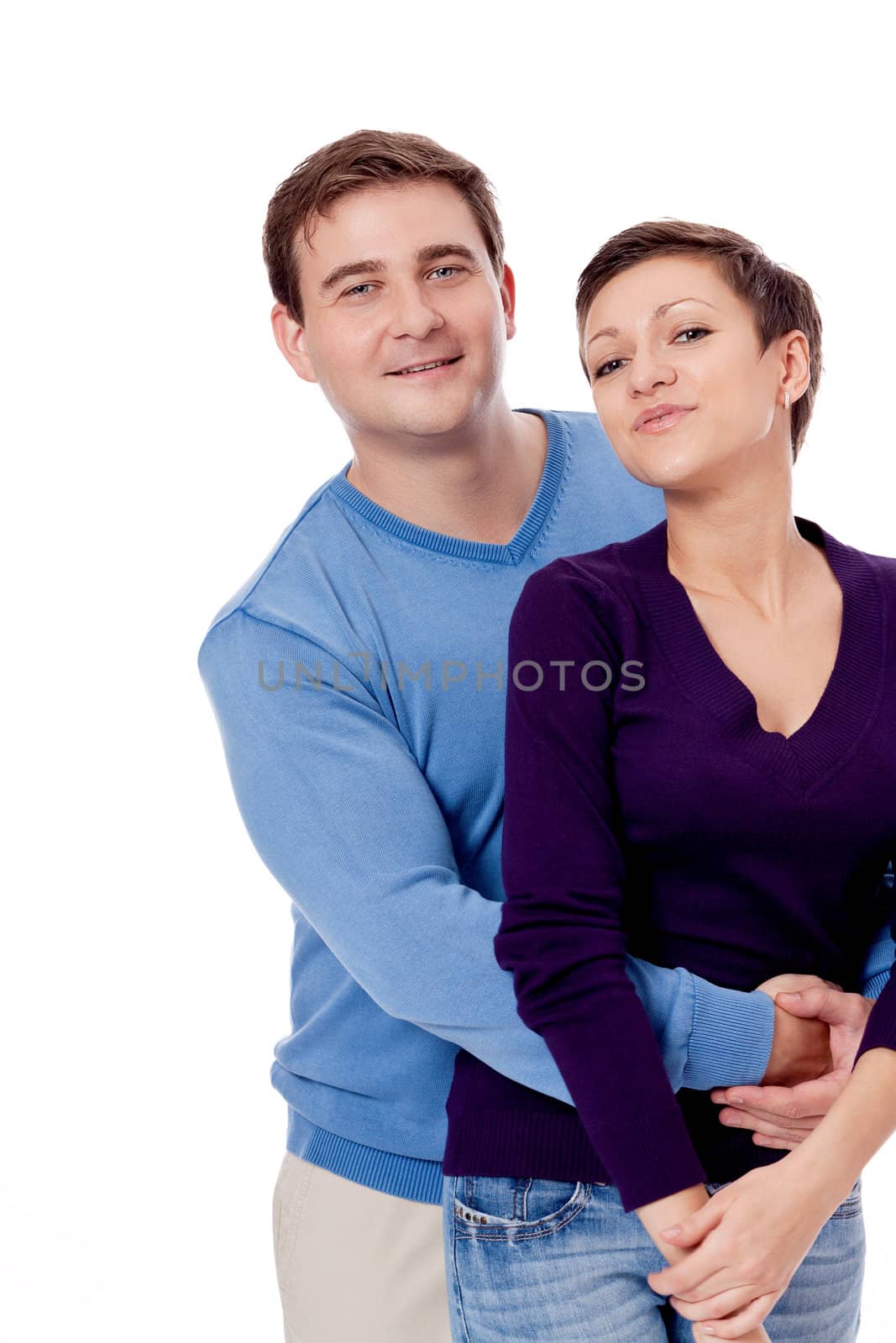 couple pair in love hugging in casual outfit isolated on white background