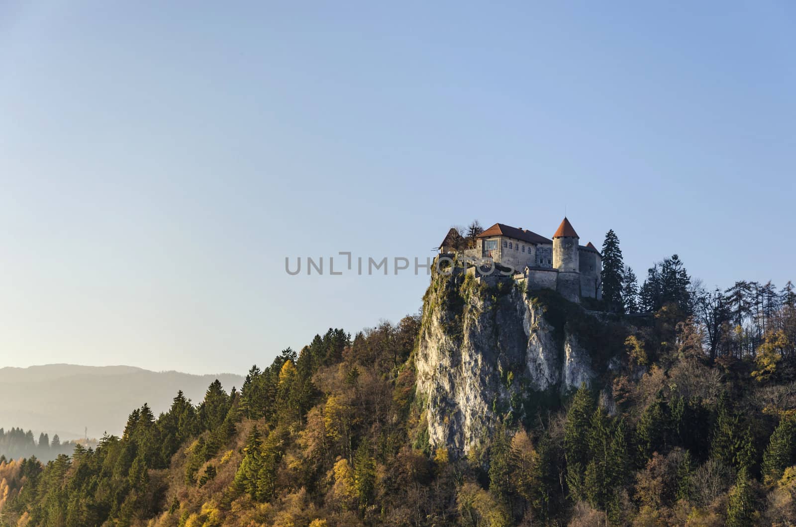 Bled castle on top of the hill dominating the area, Slovenia.
