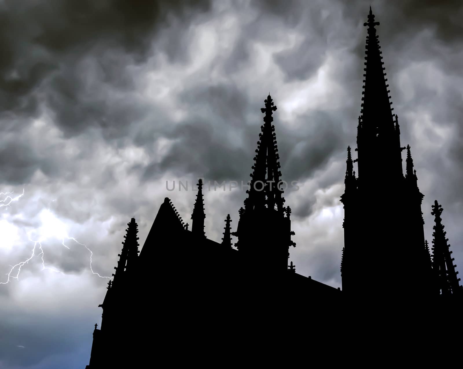 Lightning strike with cathedral silhouette in front, Mulhouse, France.