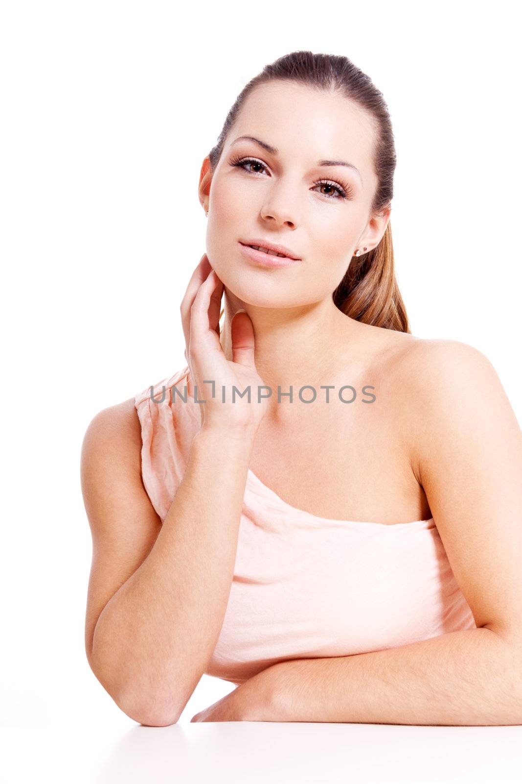 beautiful attractive young brunette woman isolated portrait natural make up