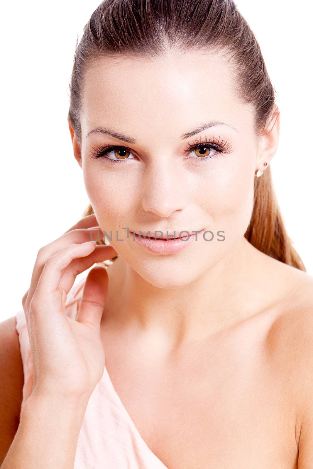 beautiful attractive young brunette woman isolated portrait natural make up