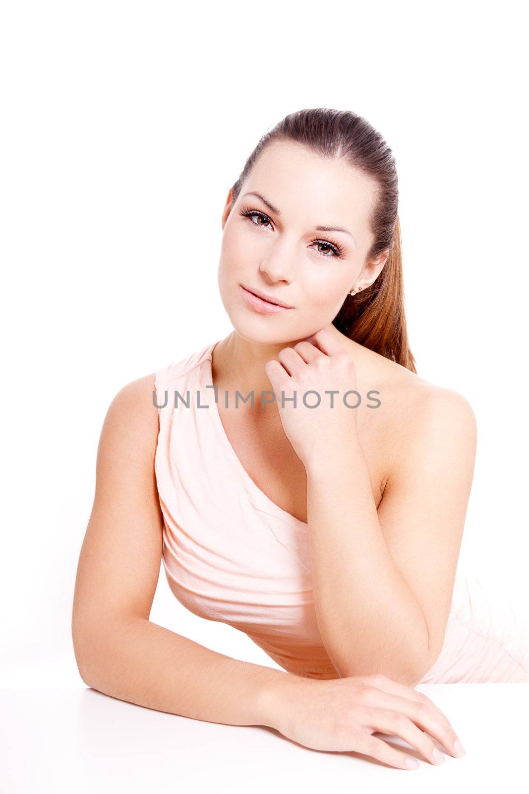 beautiful attractive young brunette woman isolated portrait natural make up