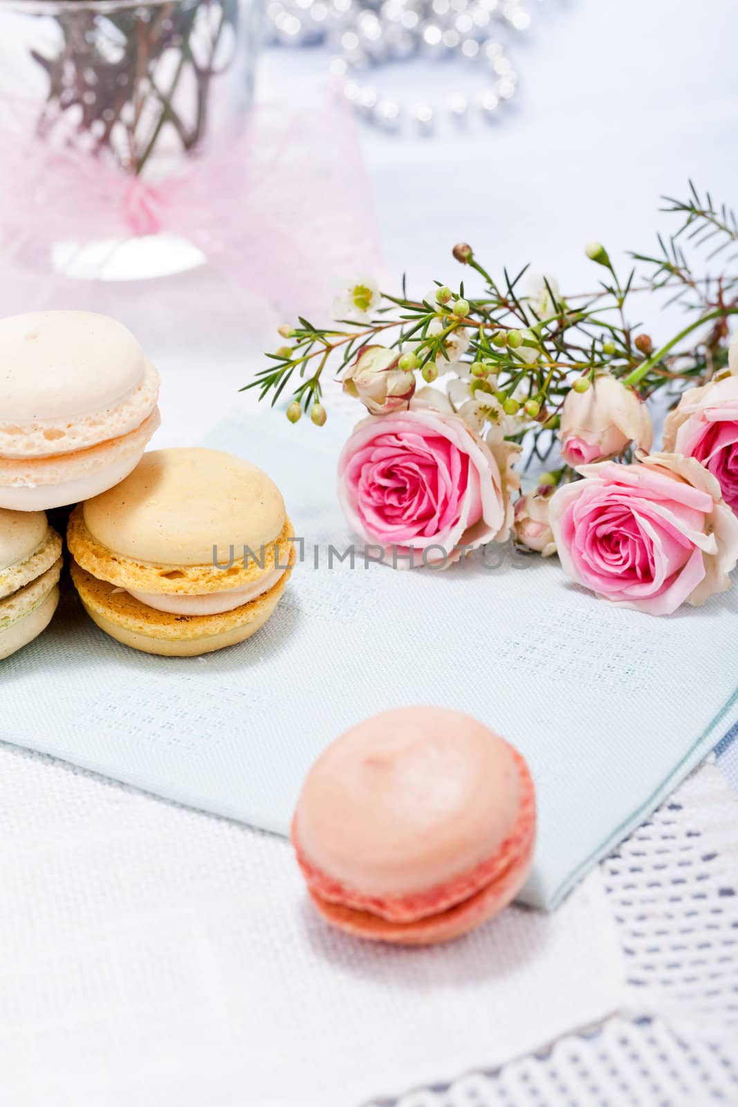 traditional delicious sweet dessert macarons and coffee on table