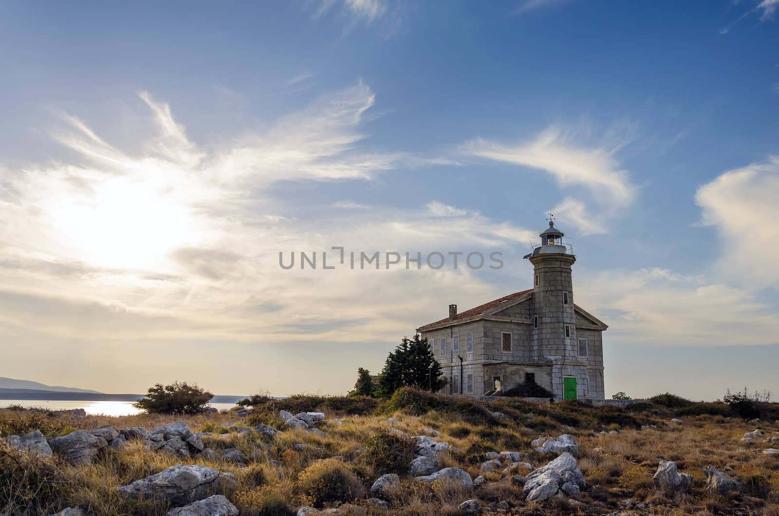 Abandoned lighthouse on a small island in Croatian Kornates, island Trstenik, Croatia.